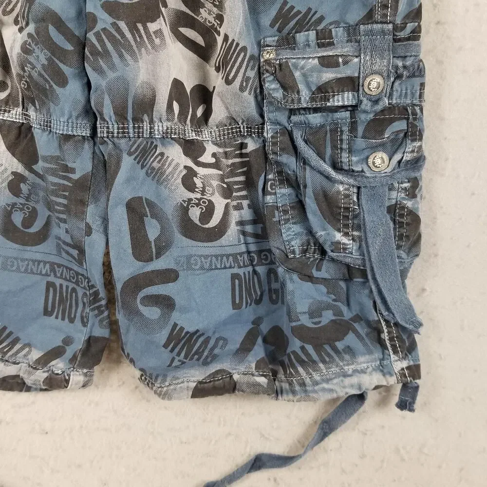 Cargo Shorts Mens 32 Blue All Over Print Multi Pocket‎ Drawstring Y2K Streetwear